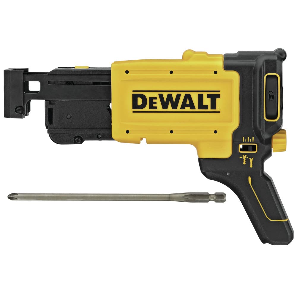 DEWALT drywall screw gun collated attachment front view enabling precise screw starts.