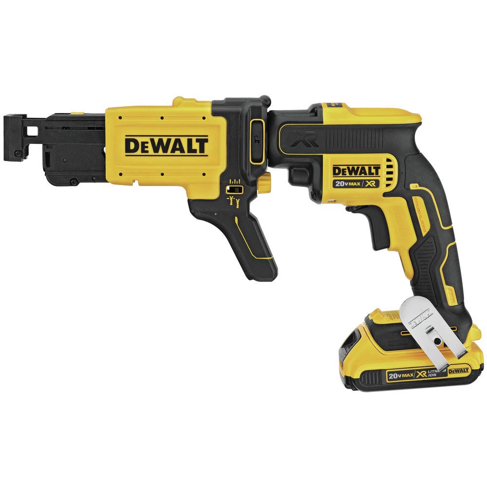 DEWALT attachment demonstrates tool-free screw length adjustment with detent marks.
