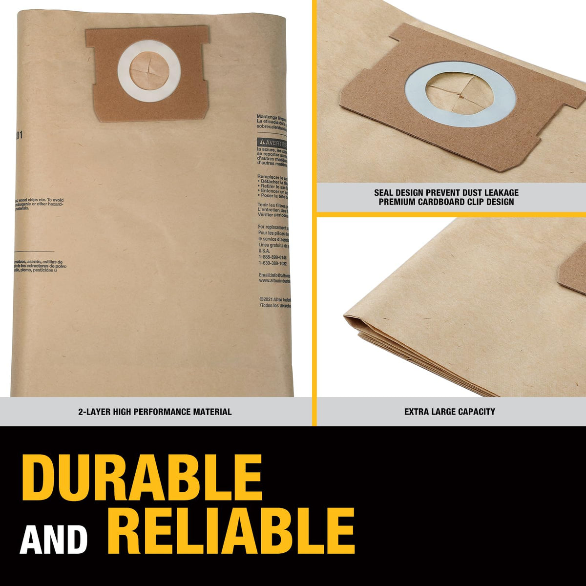 DEWALT dust bags easy install with rubber seal and cardboard insert.