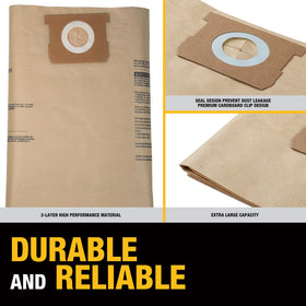 DEWALT dust bags easy install with rubber seal and cardboard insert.