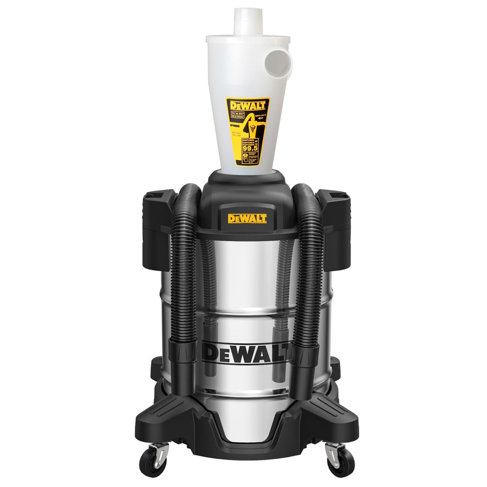 DEWALT dust separator with 10-gallon tank keeps vacuums efficient by reducing filter clogs.