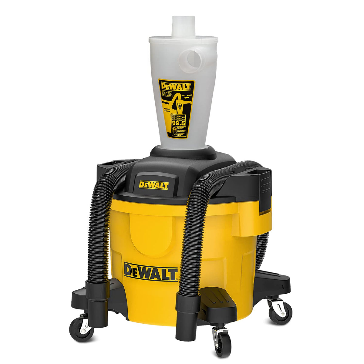 DEWALT dust separator cyclone action captures debris, protecting your vacuum.