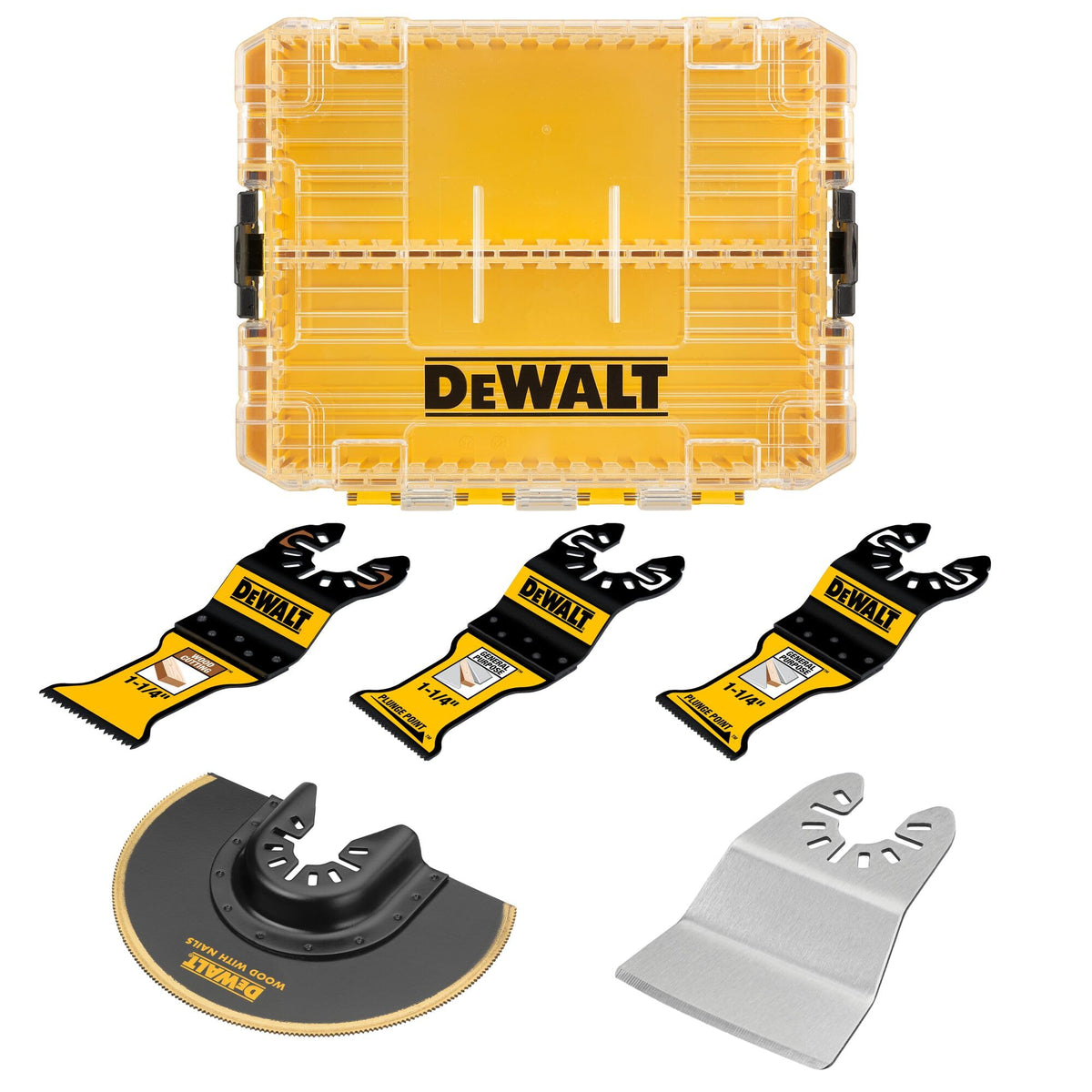 DEWALT DW OSC 5PC kit – general-purpose blades for quick plunge cuts and nail resistance.