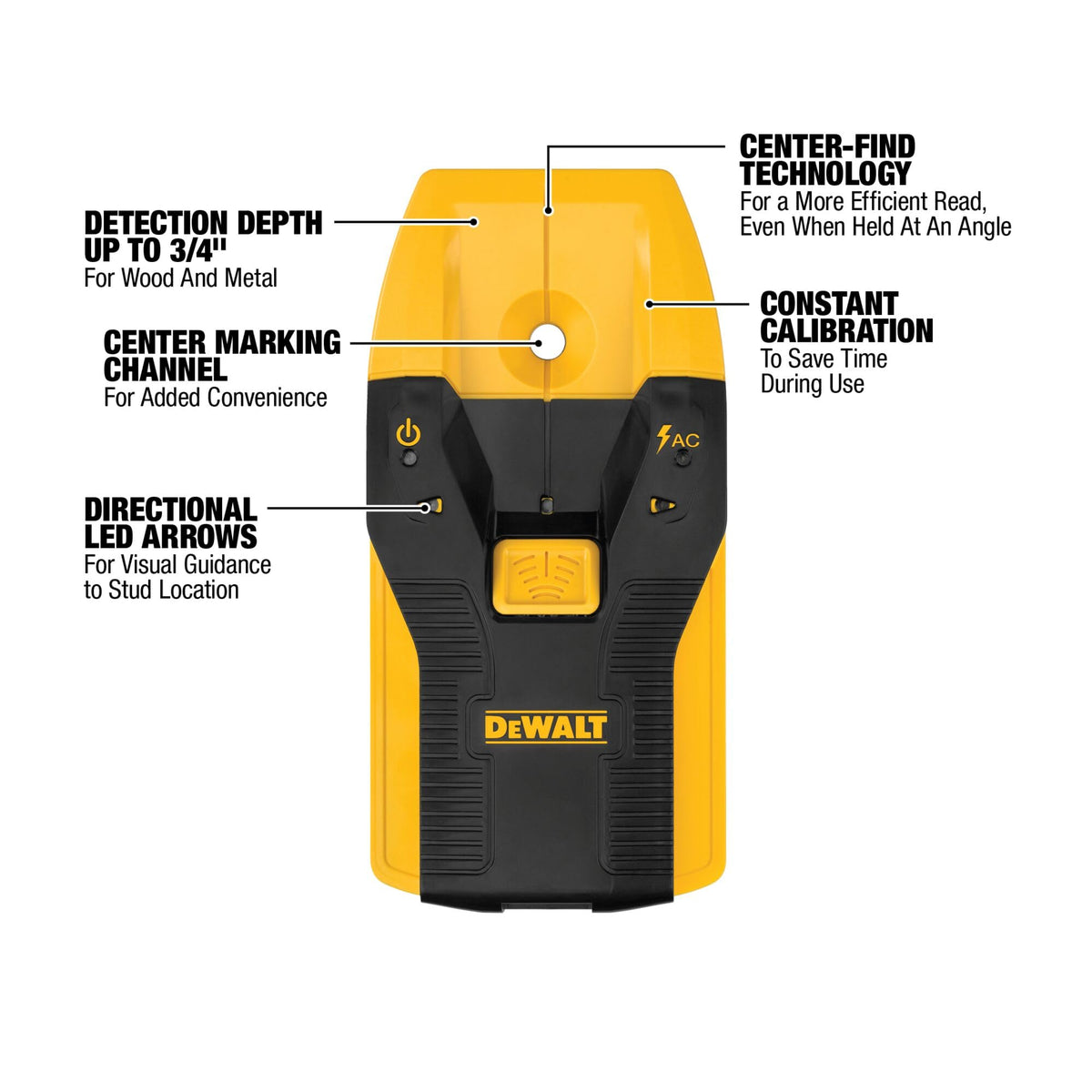 DEWALT DW0100 detects wood and metal up to 3/4 inch depth.