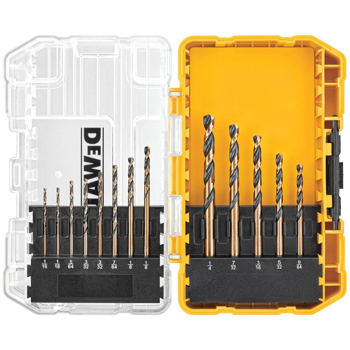 DEWALT DW1163 case open showing organized storage for quick bit access.
