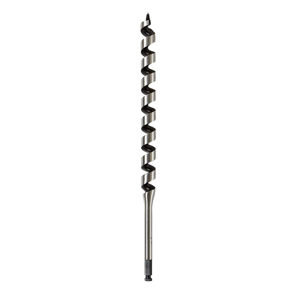 DEWALT DW1687 ship auger bit in use delivering clean holes in wood.