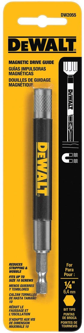 DEWALT DW2055 magnetic bit tip holder shown with screws ready to drive, reducing wobble