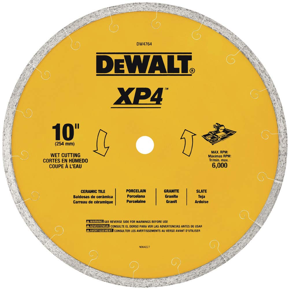 DEWALT DW4764 blade shown during wet cutting, delivering chip-free porcelain tile cuts