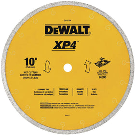 DEWALT DW4764 blade shown during wet cutting, delivering chip-free porcelain tile cuts