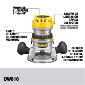 DEWALT DW616 controls panel highlights precise depth and speed adjustments.