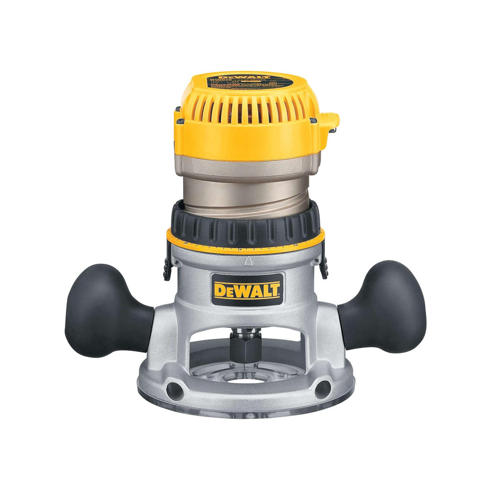 DEWALT DW616 fixed-base router front view shows durable aluminum construction for longevity.