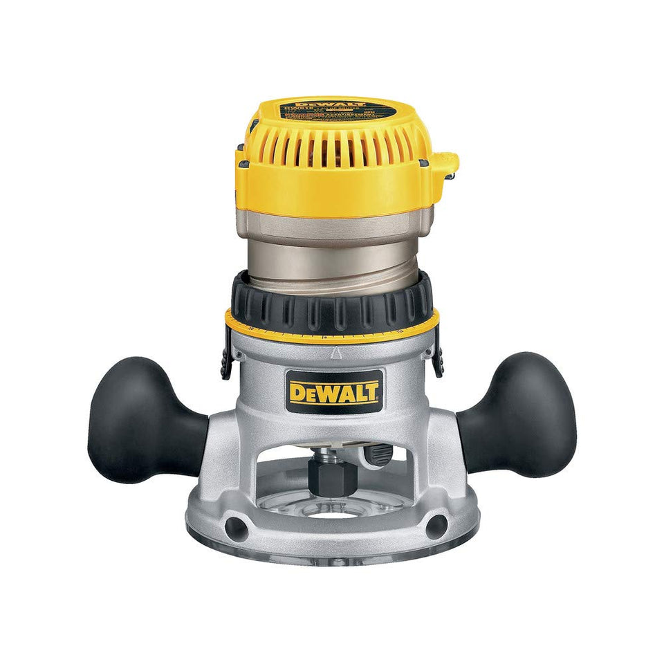 DEWALT DW618 fixed-base router front view with powerful 12A motor for precise cuts