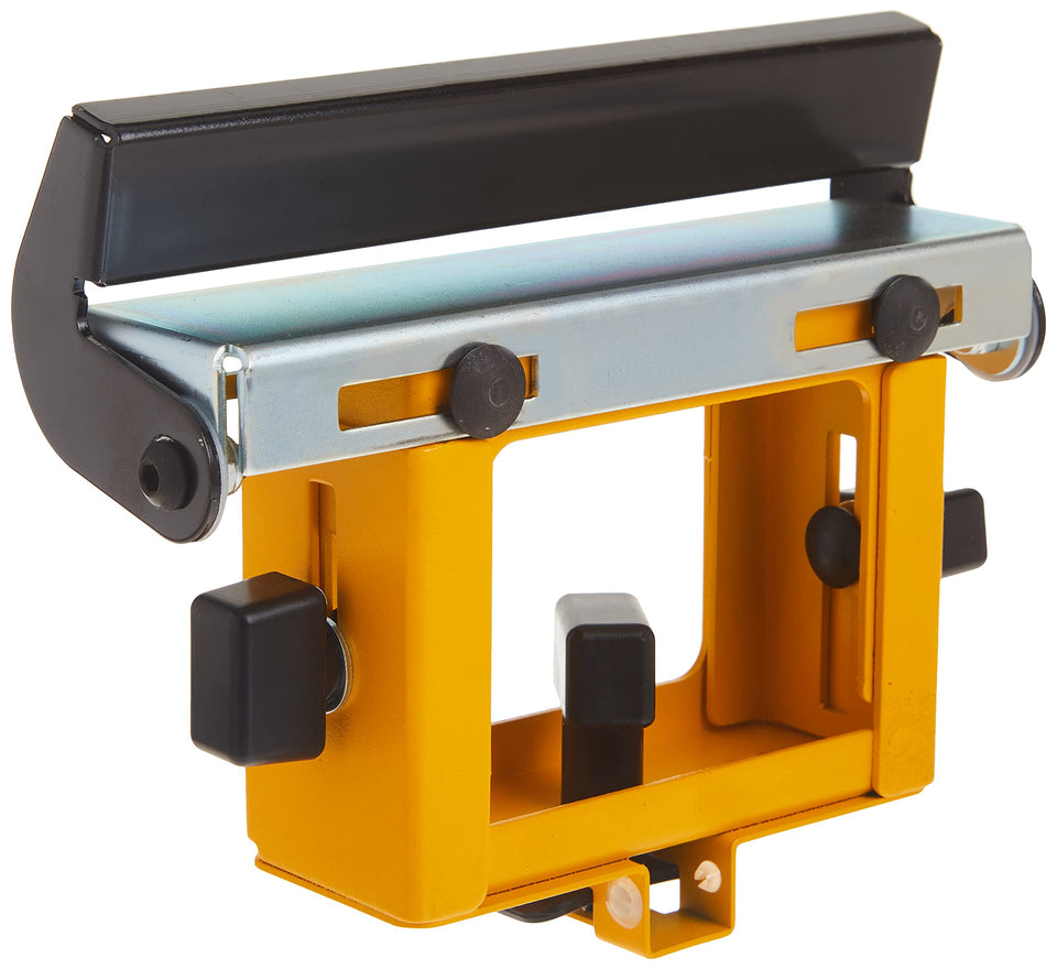 DEWALT DW7232 work piece support along the rail for steady cuts.