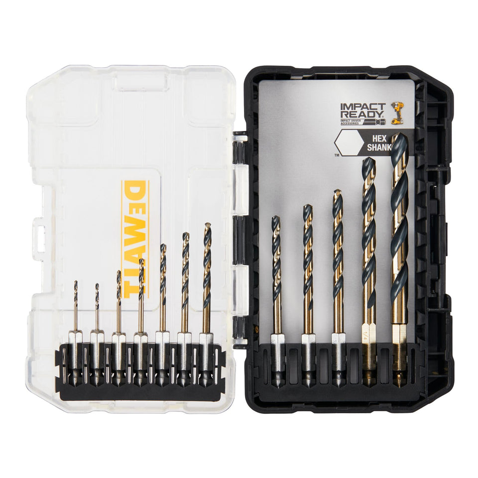 DEWALT DWAH1182 metal drill bits in front of the ToughCase+ for organized storage.