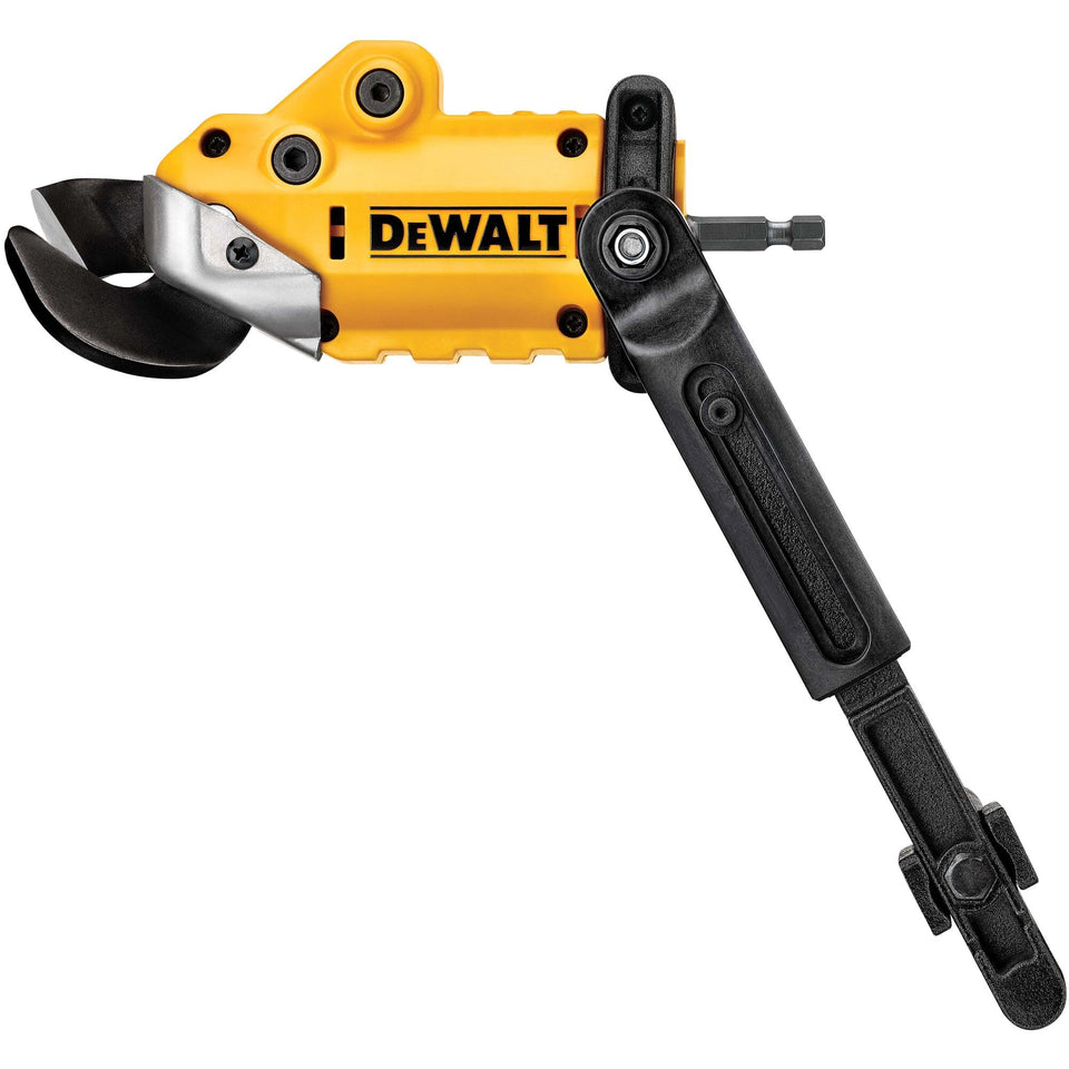 DEWALT DWASHRIR 18ga shear attachment cuts sheet metal precisely.