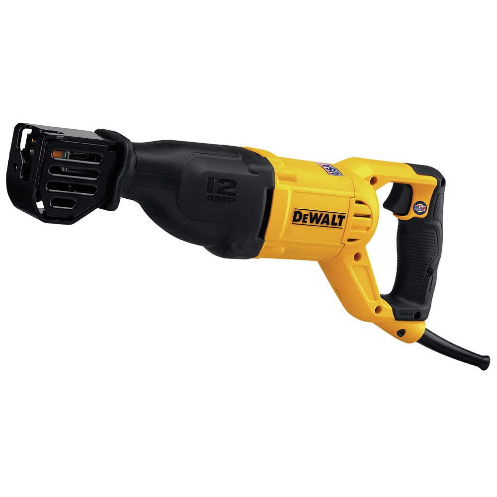 DEWALT DWE305 blade-clamp detail showing quick changes with the lever-action mechanism.