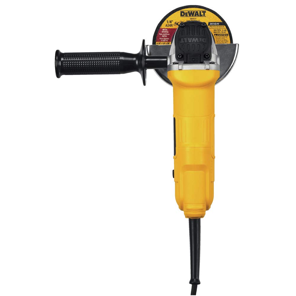 DEWALT DWE4012 quick-change wheel release enables tool-free wheel changes.
