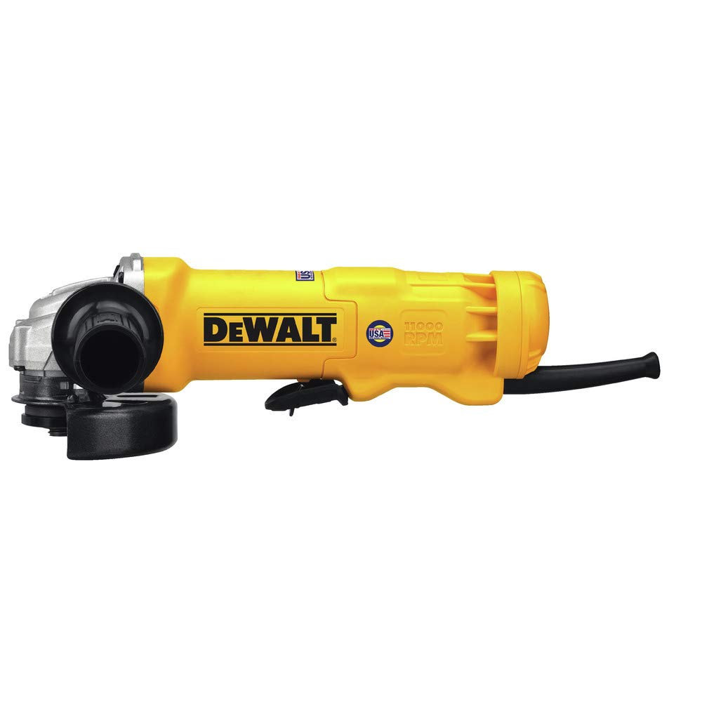 DEWALT DWE402N quick-change wheel release enables fast tool-free wheel swaps.