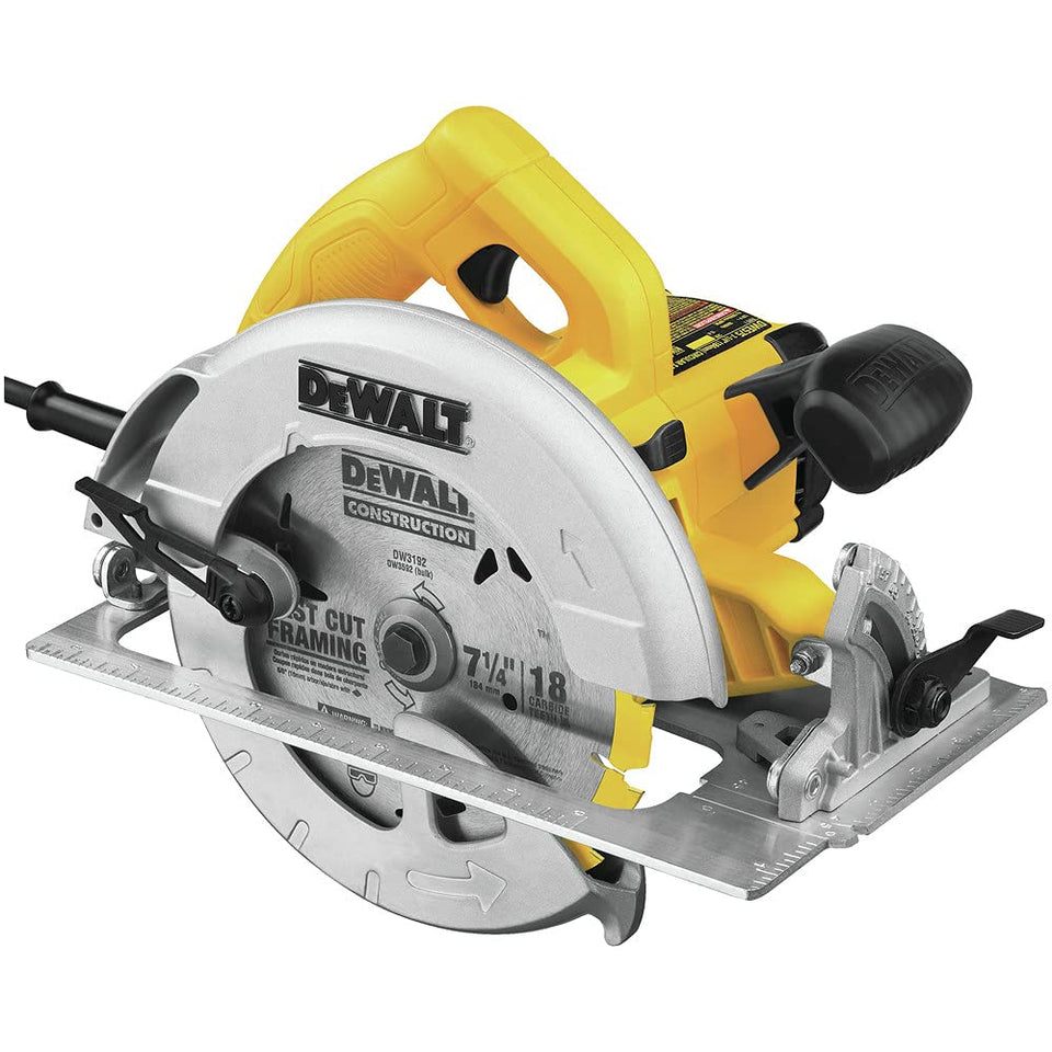 DEWALT DWE575 lightweight saw body shown for easy handling and reduced fatigue.