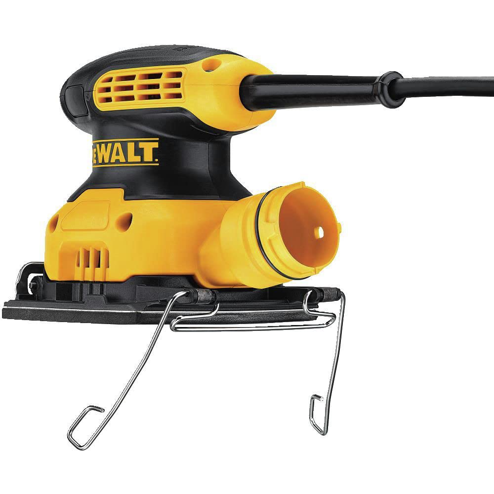 DEWALT DWE6411 ergonomic rubber grip supports comfortable one-handed sanding.