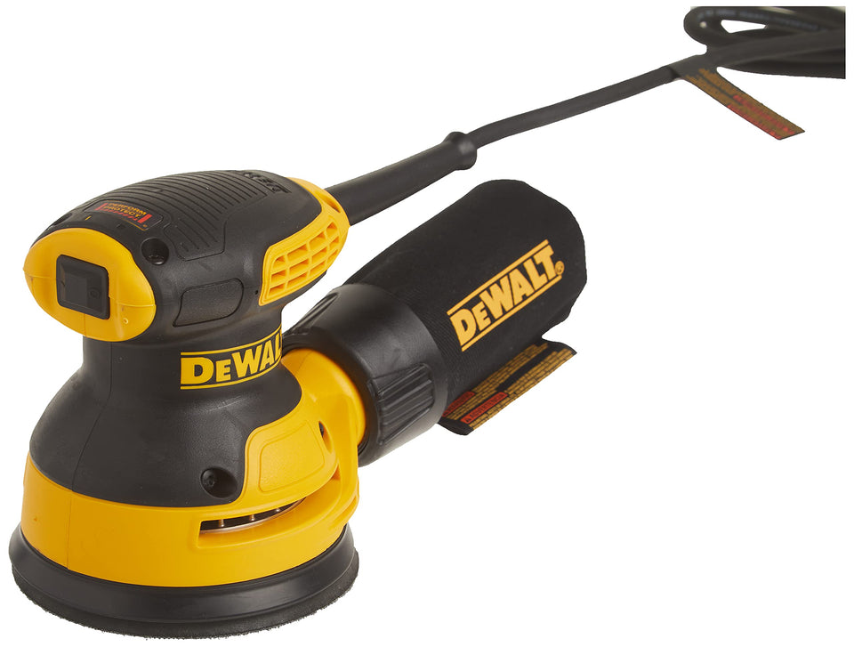 DEWALT DWE6421 orbital sander close-up showing compact body for tight spaces.