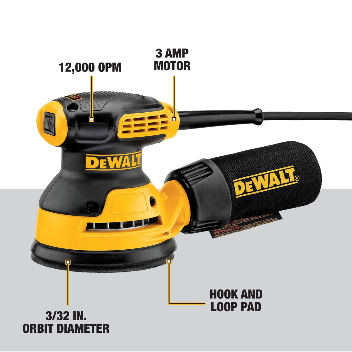DEWALT DWE6421 rubber overmold grip for comfortable control.