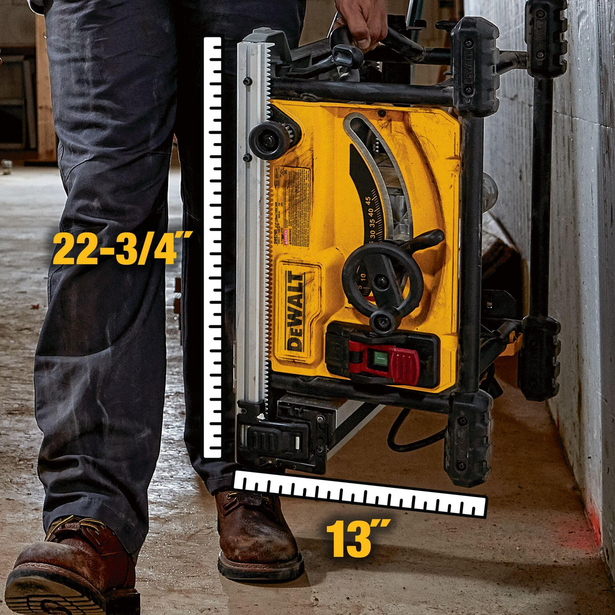 On-board storage on the DEWALT DWE7485 keeps guard and miter gauge within reach.