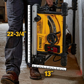 On-board storage on the DEWALT DWE7485 keeps guard and miter gauge within reach.