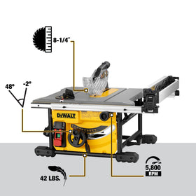Rack-and-pinion fence on the DEWALT DWE7485 provides fast, precise adjustments.