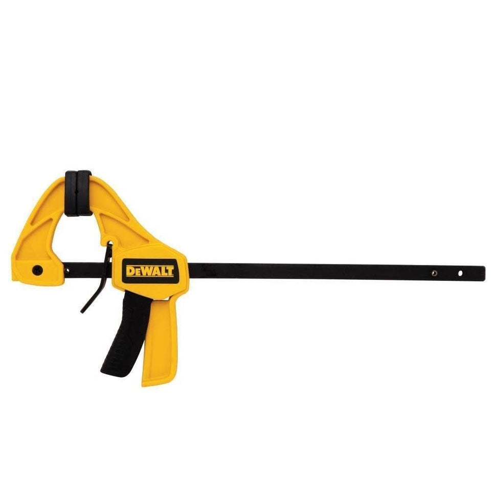 DEWALT DWHT83149 six-inch nylon body clamp shown with one-handed operation.