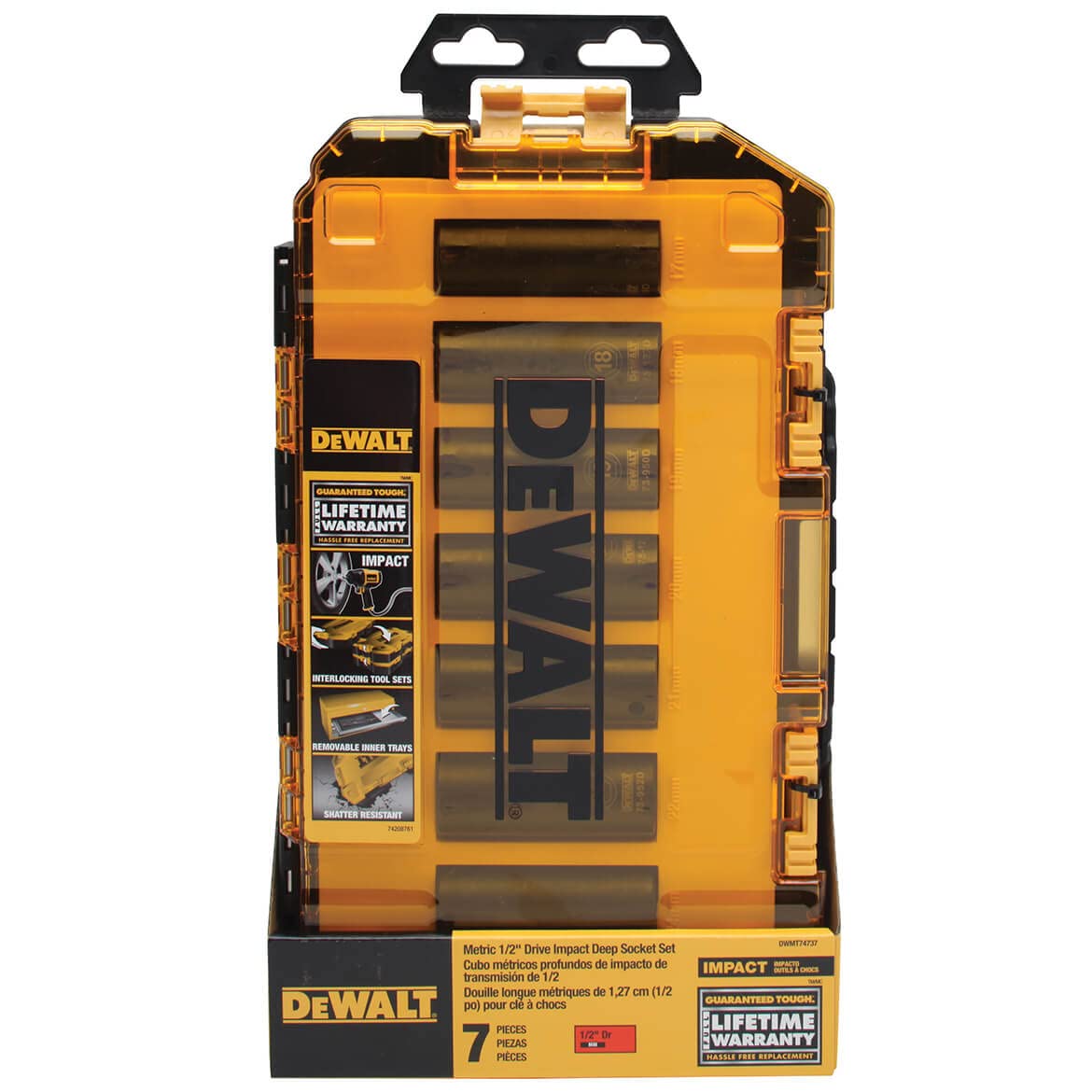 DEWALT DWMT74737 high-visibility laser-etched markings enable quick size identification.