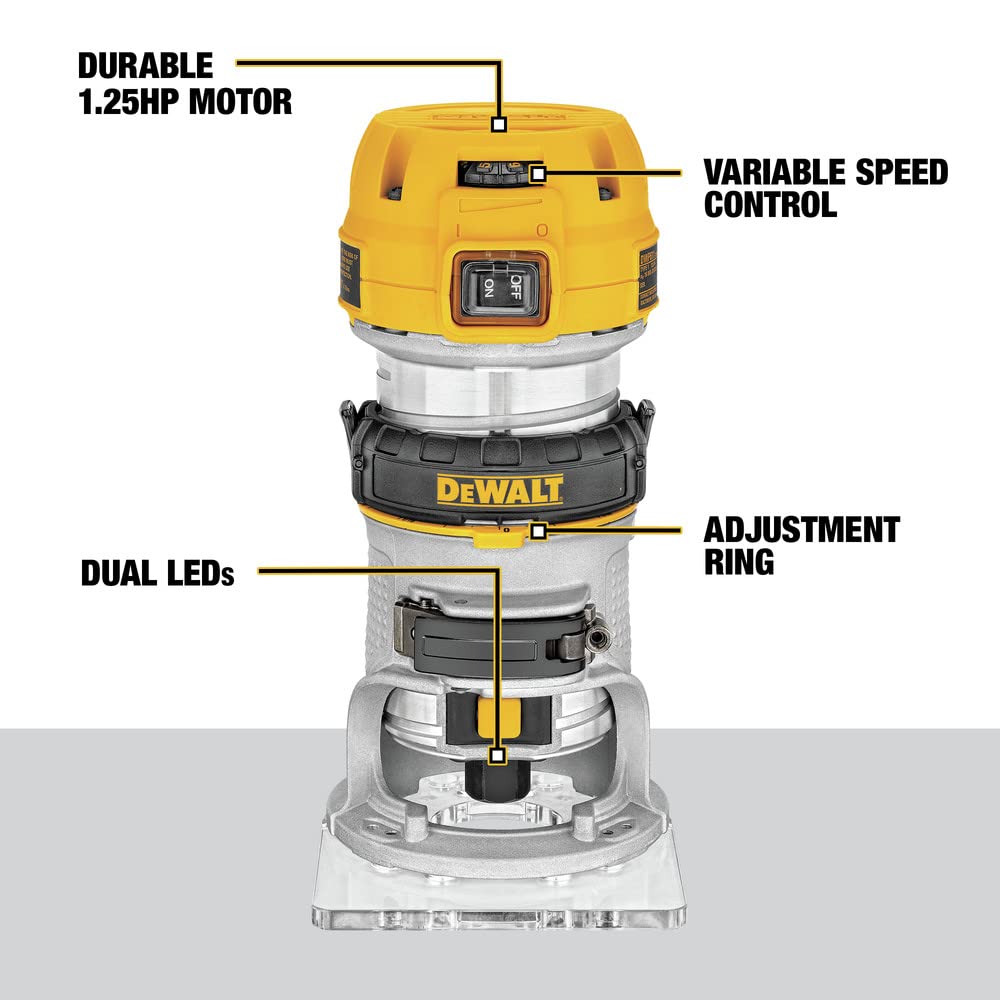 DEWALT DWP611 base-release tabs simplify quick base swap or removal.