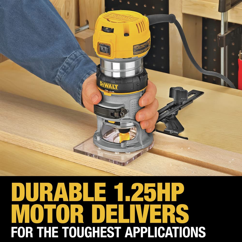 DEWALT DWP611 ergonomic grip improves control during handheld routing.