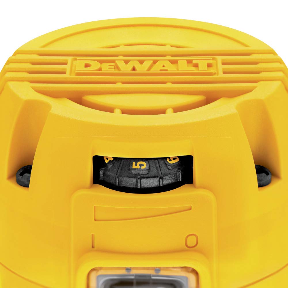 DEWALT DWP611 spindle lock button offers quick, single-wrench bit changes.