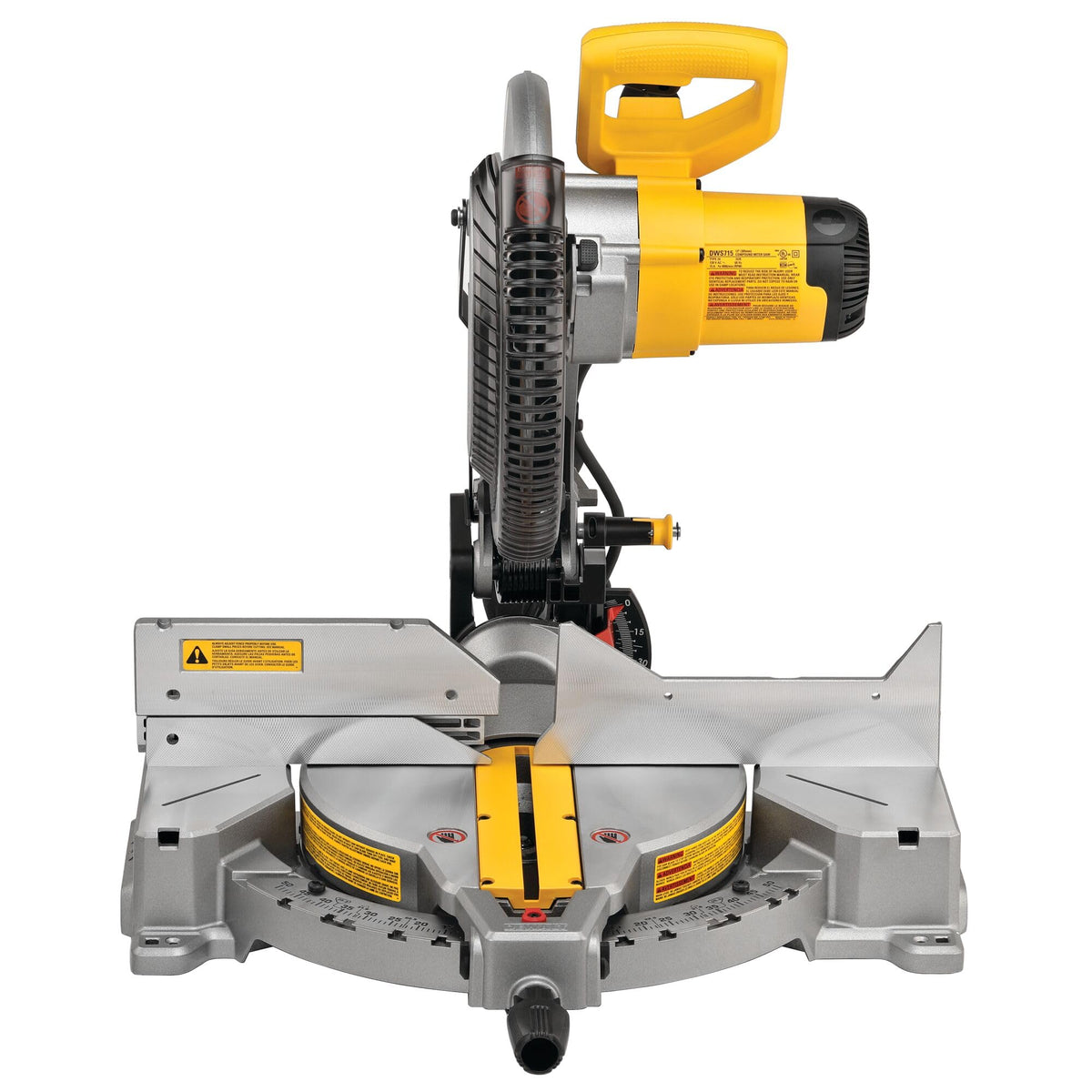 DEWALT DWS715 cut capacity shows 2x8 at 90 and 2x6 at 45.