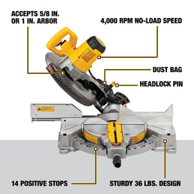 DEWALT DWS715 detent plate with 14 stops for accurate miters.