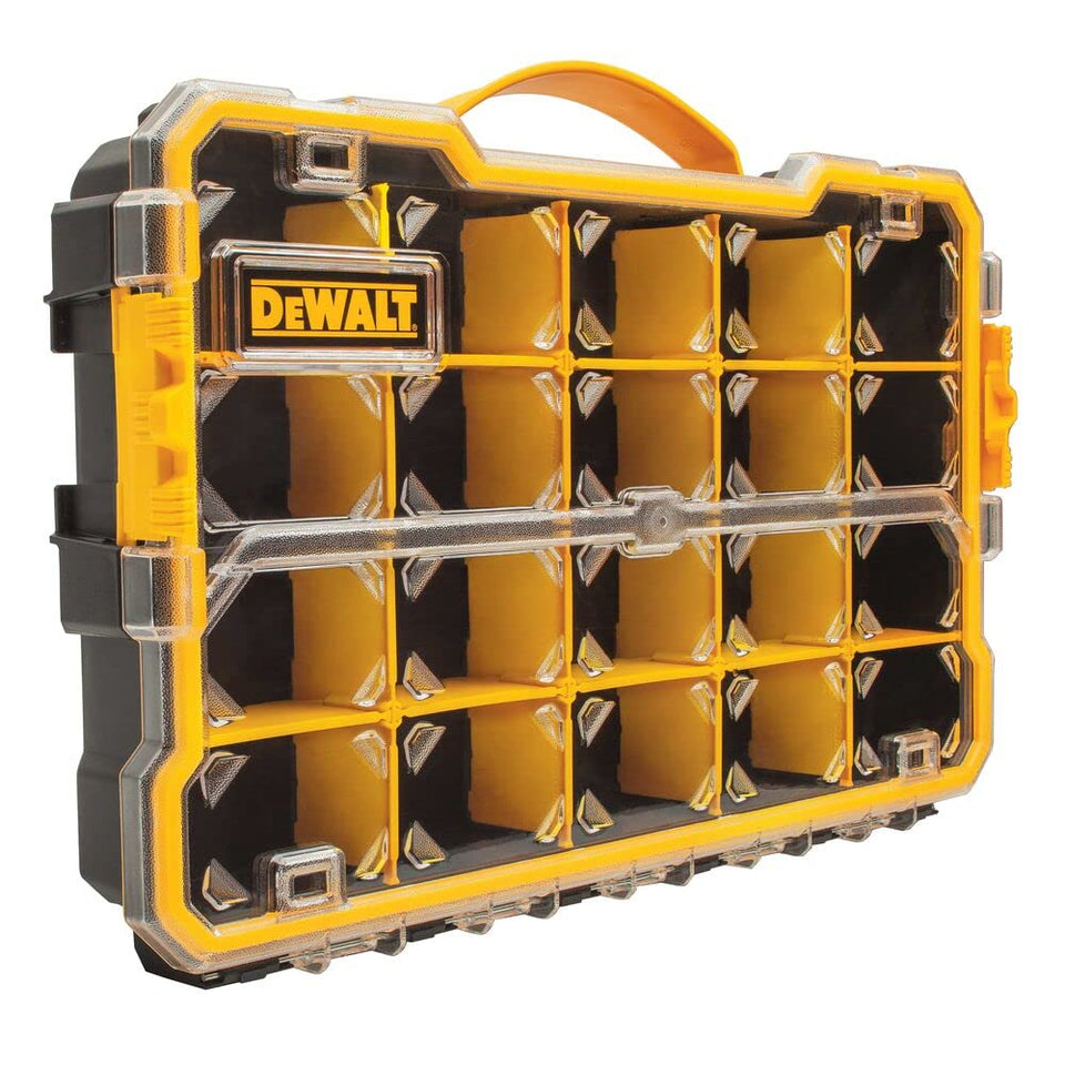 DEWALT DWST14830 20-compartment organizer shows organized tool storage at a glance.
