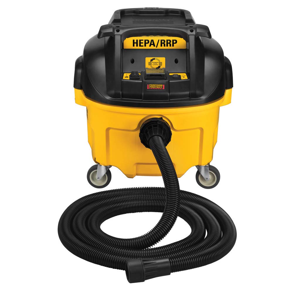 DEWALT DWV010 HEPA dust extractor with hose connection for secure dust control on site.