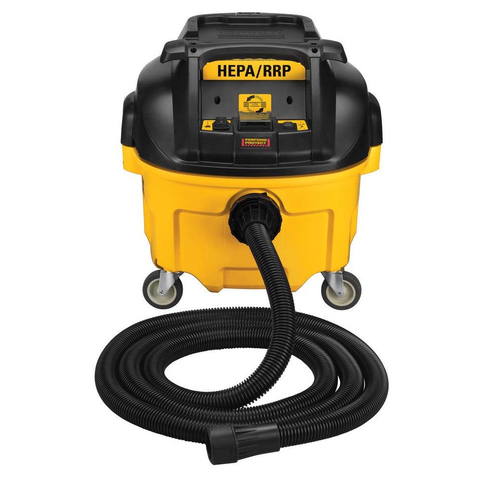 DEWALT DWV010 HEPA dust extractor with hose connection for secure dust control on site.