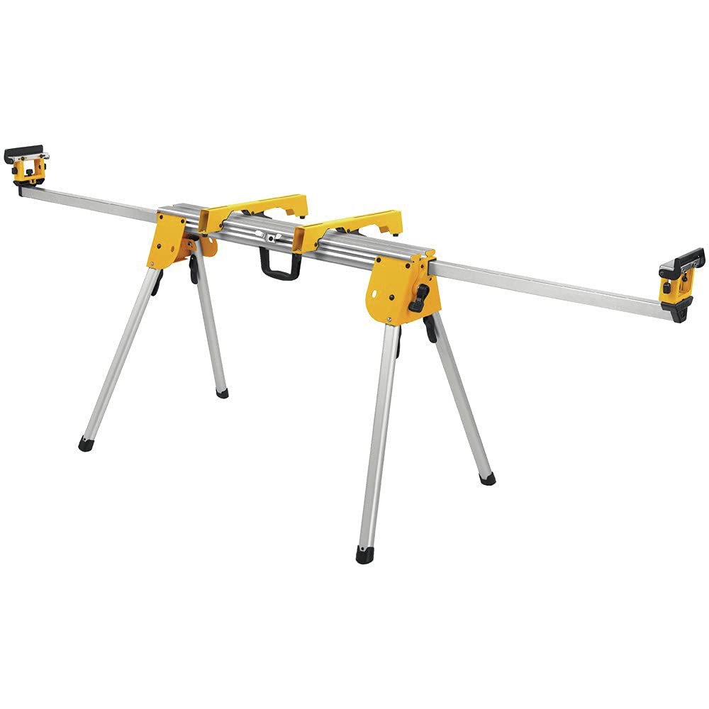 Tool mounting brackets securely attach a miter saw to the stand.