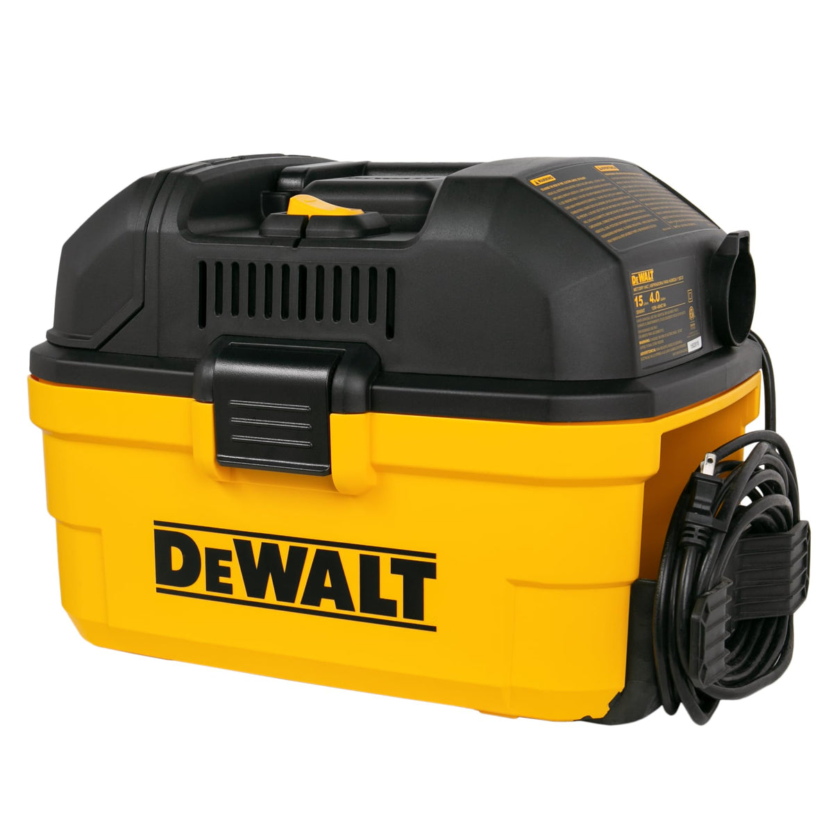 DEWALT DXV04T vacuum body showing portable 4-gallon design for jobsite cleanup.