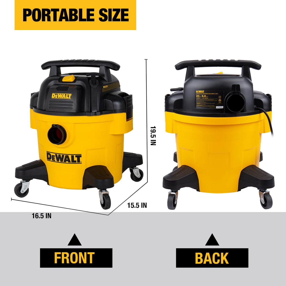 DEWALT DXV06P side view highlights 6-gallon capacity for wet and dry pickups.
