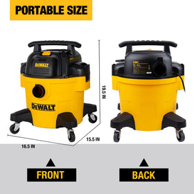 DEWALT DXV06P side view highlights 6-gallon capacity for wet and dry pickups.
