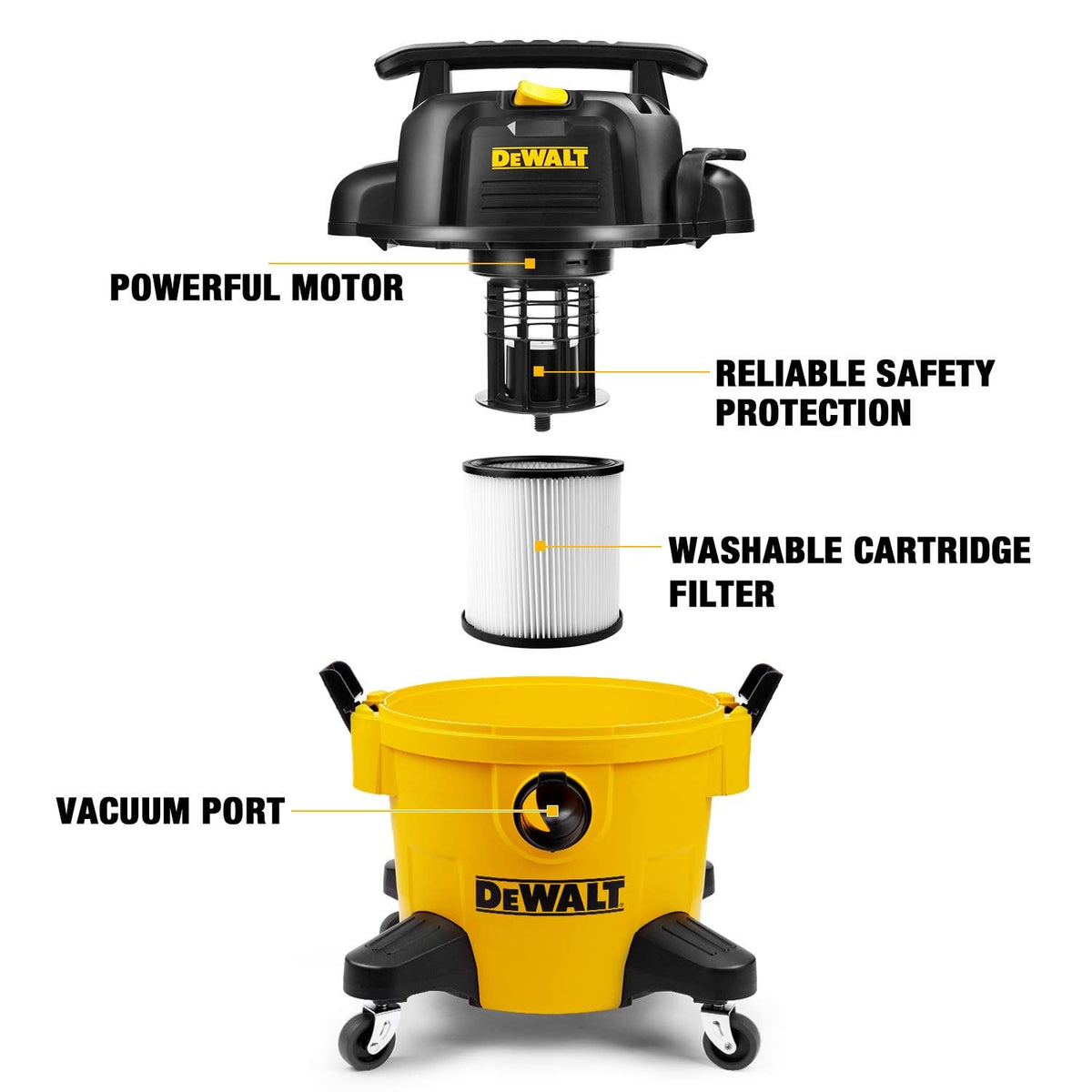 DEWALT DXV06PZ cord wrap and 10 ft cord enabling extended reach.
