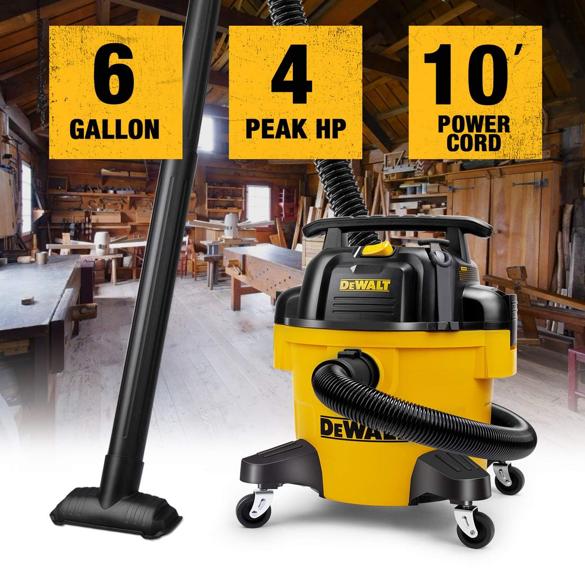 DEWALT DXV06PZ side view showcasing portable balance for garage or workshop use.