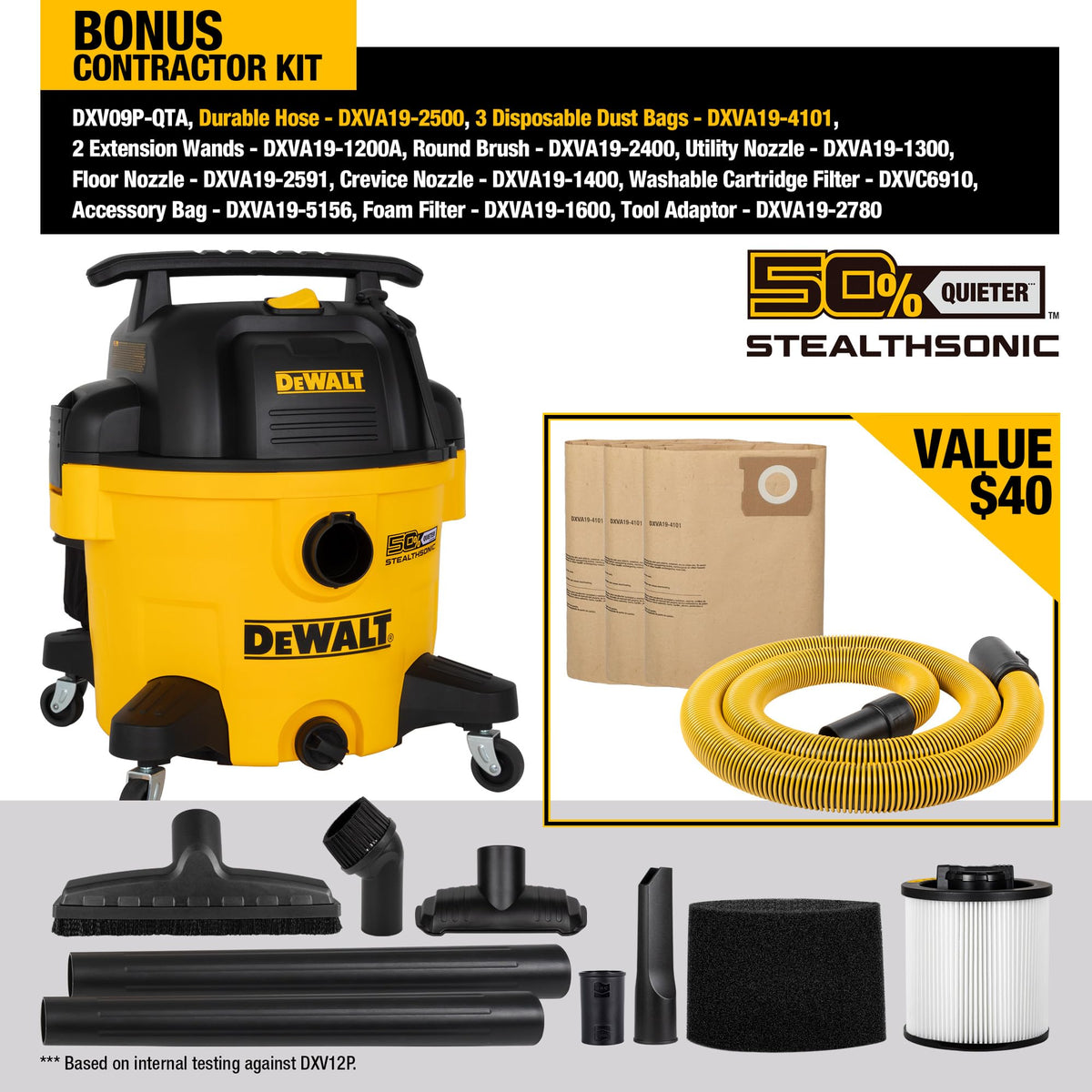 DEWALT DXV09P-QTA 9-gallon poly tank ready for wet and dry cleanup