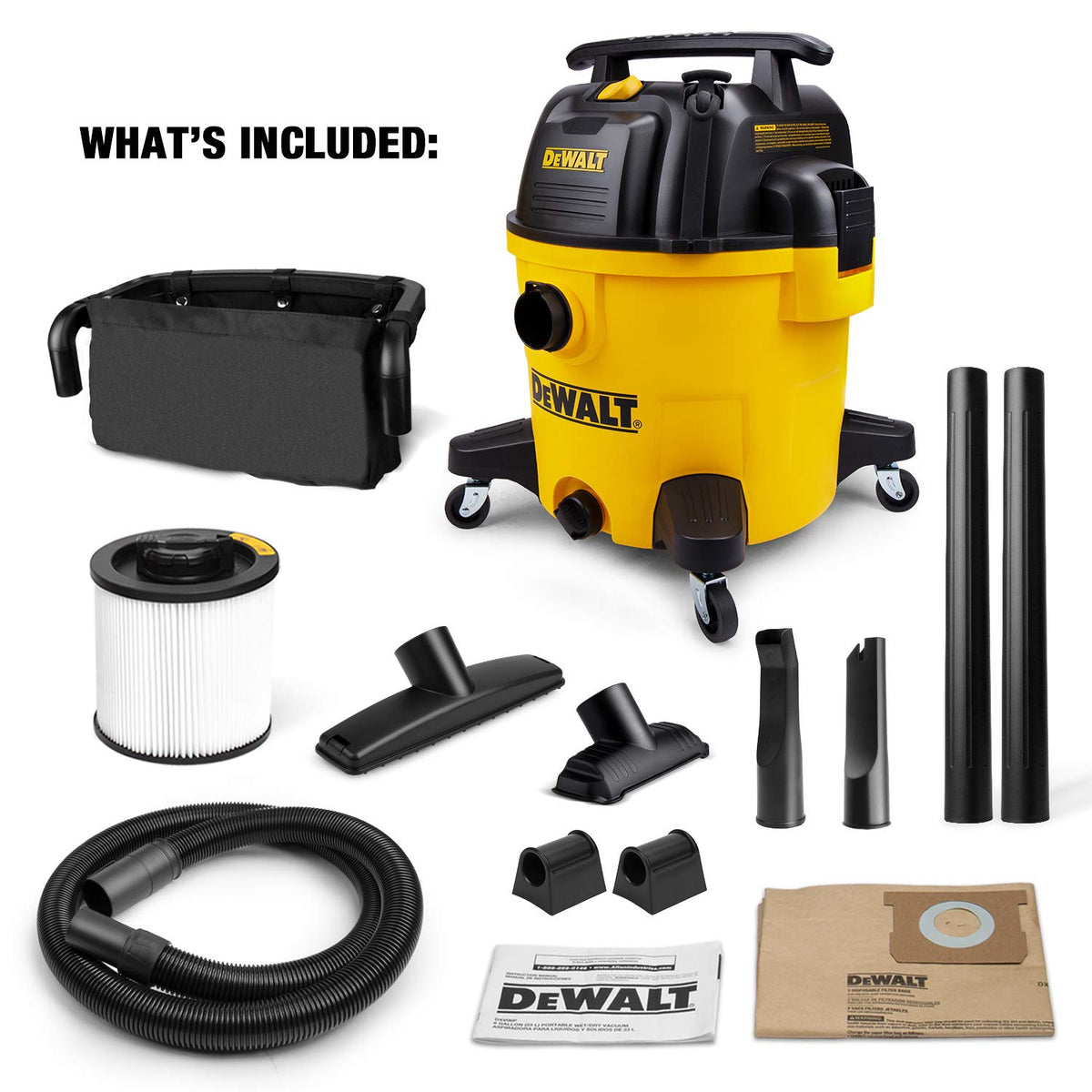 DEWALT DXV10P rubberized casters enable easy swiveling on hard surfaces.