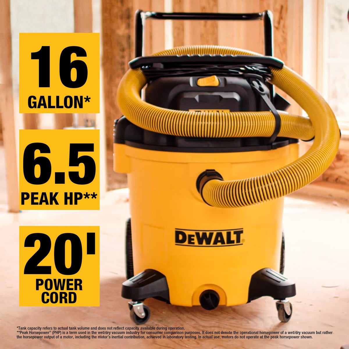 DEWALT DXV16PA silencing muffler reduces noise during prolonged shop cleanup.