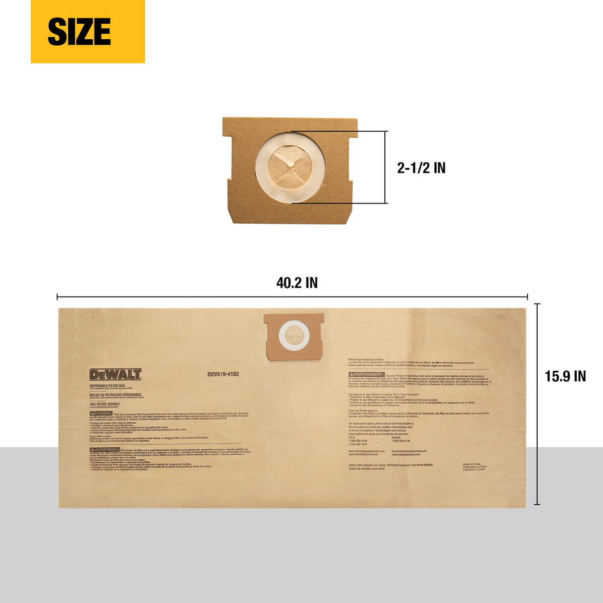 DEWALT DXVA19-4102 bag installation step showing tool-free setup for fast changes