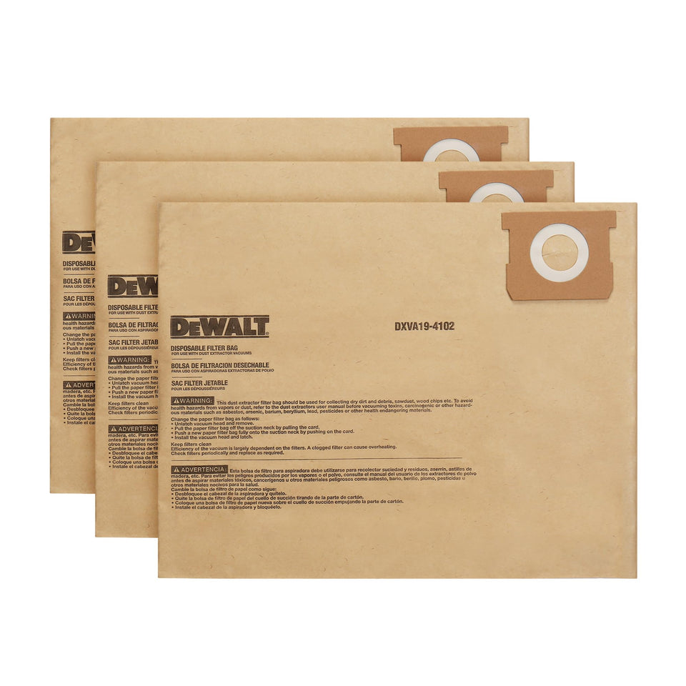 DEWALT DXVA19-4102 dust bag in packaging for quick replacement during large cleanups